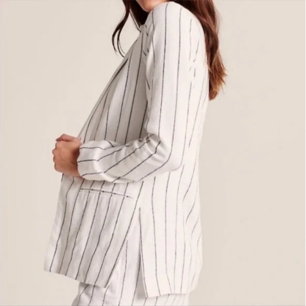 Abercrombie Linen Blend Pinstripe Navy Open Blazer jacket White Women S Lined